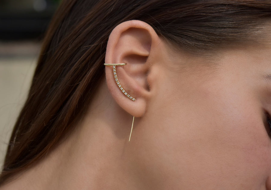 Pave Diamond Cuff Needle White Gold Earring