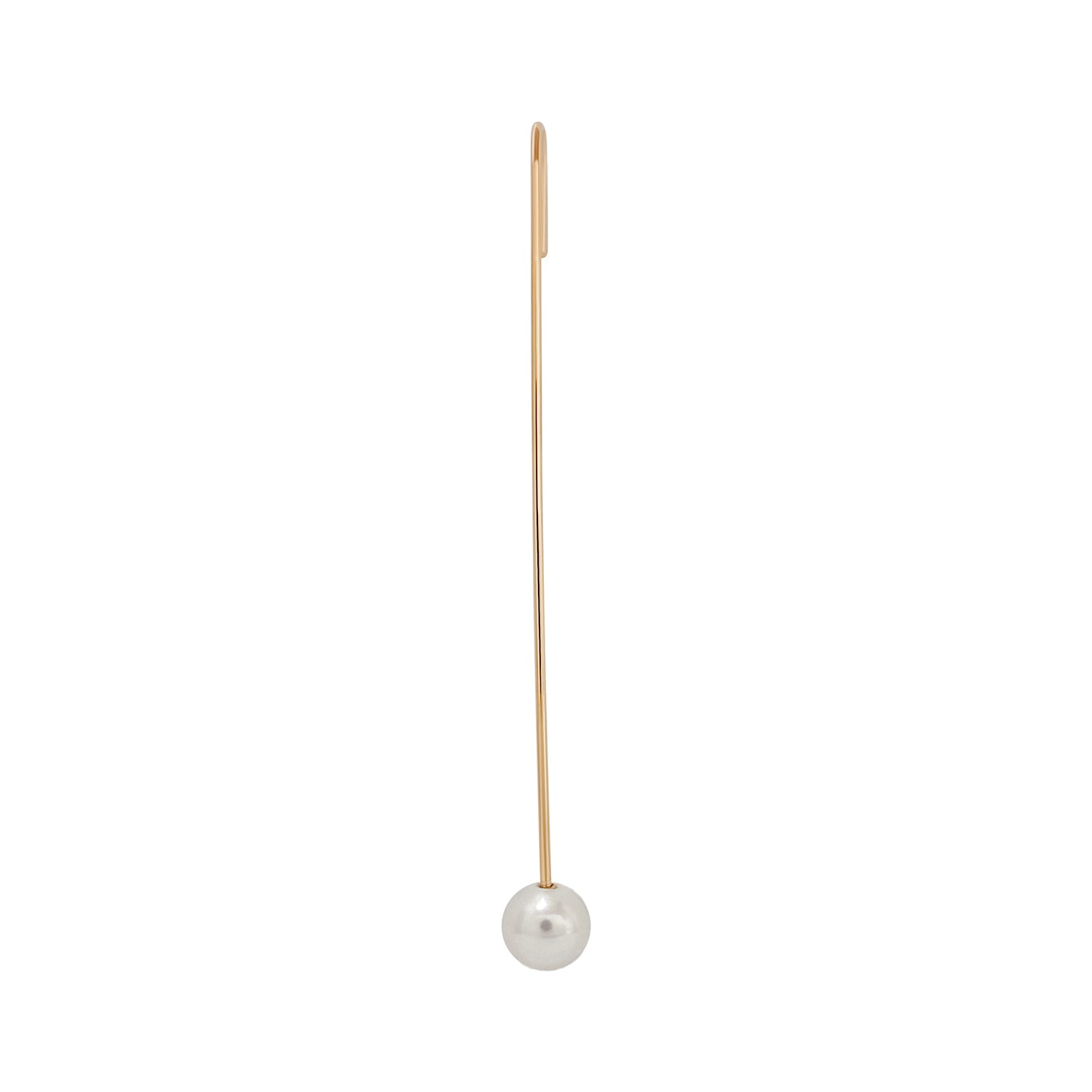 LABULGARA Line I Orbit Point earring, a linear 14K gold needle threader featuring a large, round white pearl at the bottom terminal.